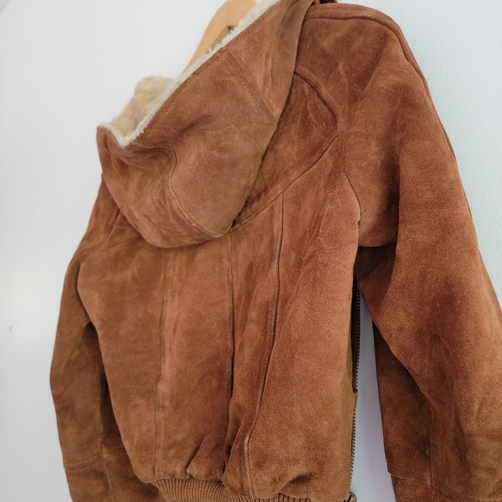 Vintage Shepler's Brown Suede Soft Shearling Lined Bomber Jacket 12* Small  Hood - Picture 13 of 16